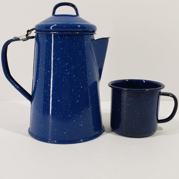 Blue & White, Navy Trimmed Speckled Coffee Pot Enamel Ware with One Cup - Picture 2 of 7